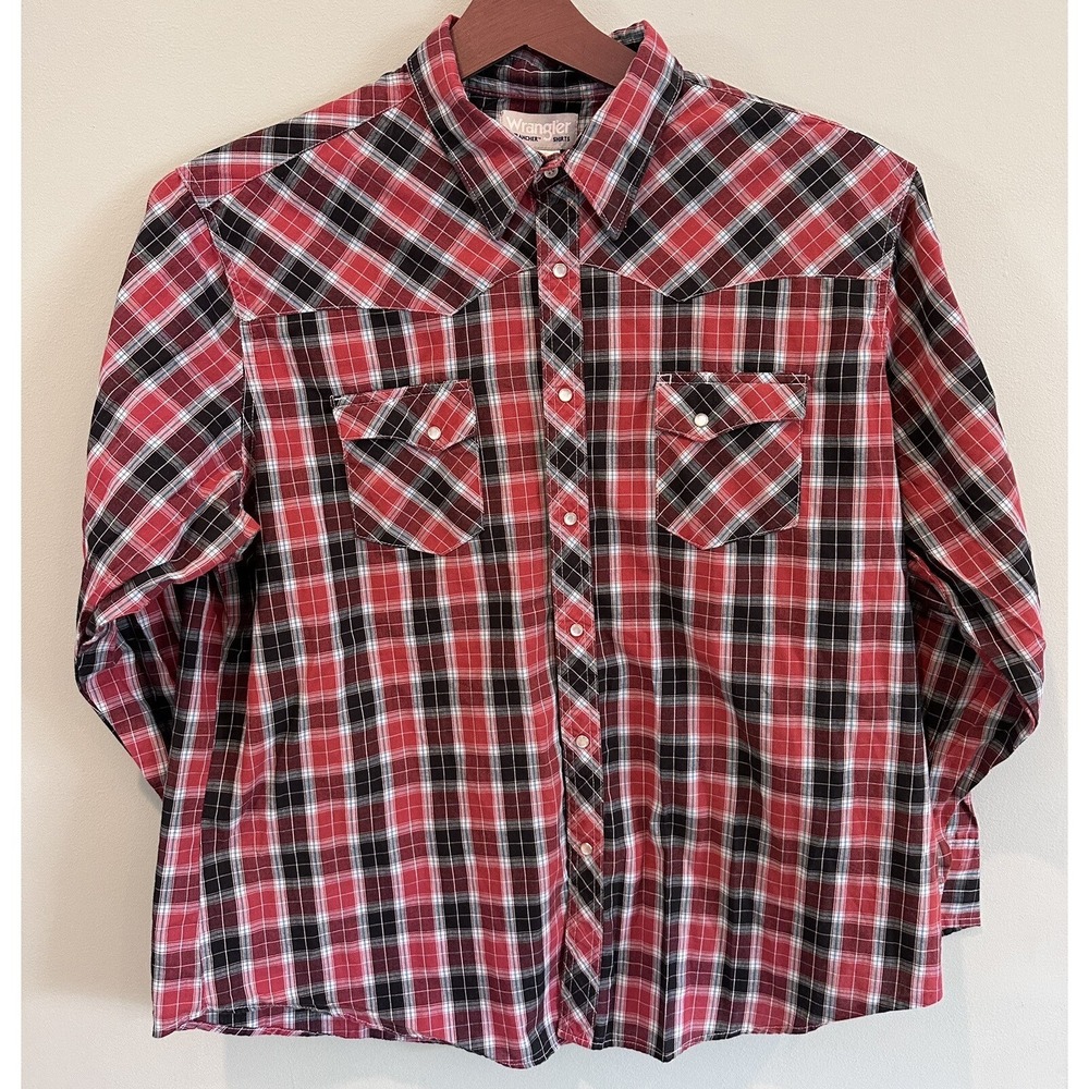 Wrangler Wrancher Men's 2XL Red & Black Plaid Pearl Snaps Long Sleeve Shirt Vntg